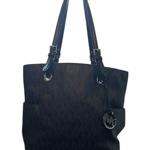 Michael Kors EUC MK Print Black Tote with Leather Straps and Metal Accents